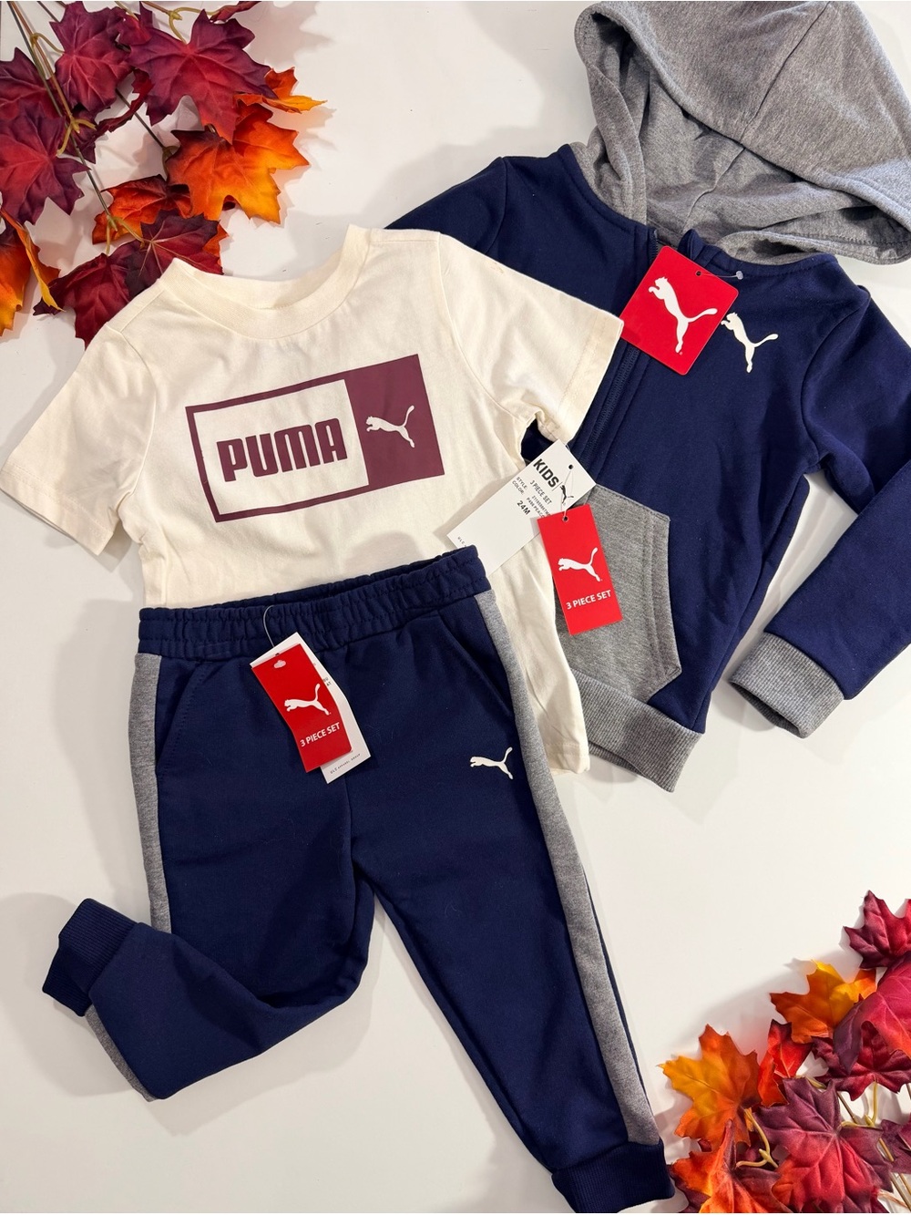 Puma Kids Navy, Gray & Cream 3-Piece Hoodie Jogger Set